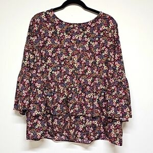 Time and Tru floral peasant top, bell sleeve, ruffle bodice, blk yellow red